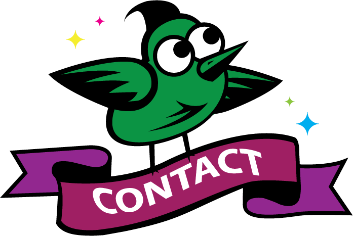 Cartoon bird perched above a banner reading Contact