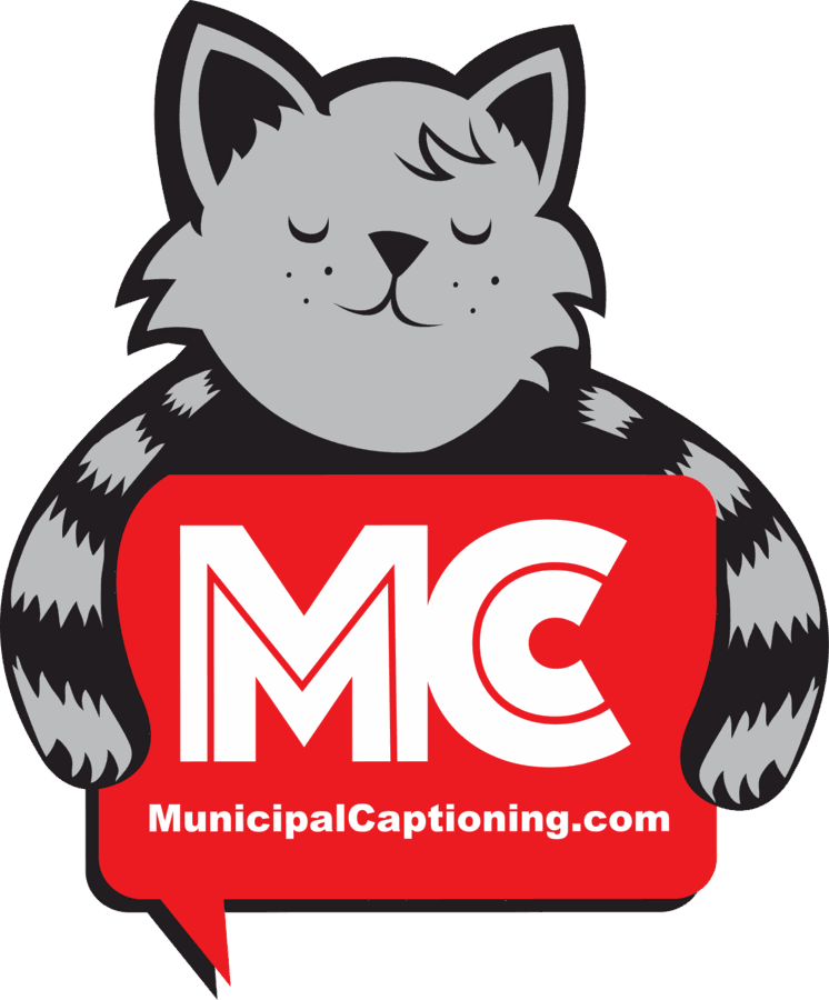 Municipal Captioning mascot: a contented grey tabby cat hugging a red speech bubble that reads MC, MunicipalCaptioning.com