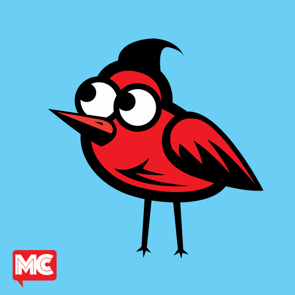 Cartoon red cardinal with big curious eyes on a bright blue TV screen, with a red MC speech-bubble logo in the corner